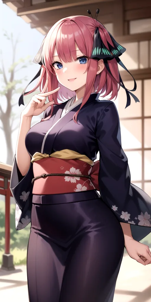 The image shows a young woman with pink hair and blue eyes. She is wearing a traditional Japanese kimono with a floral pattern and a red obi sash. The kimono is black with pink and white flowers. She has a butterfly hairpin in her hair. She is standing in a traditional Japanese house. The background is a blurred image of a traditional Japanese garden.