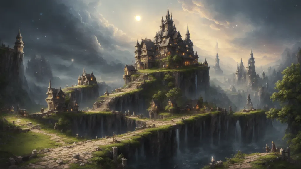 The image is a fantasy landscape. There is a castle on a hill in the middle of the image. The castle is surrounded by smaller buildings and a town. The town is built on a cliff and there is a river below. There are mountains in the background and a forest on the left side of the image. The sky is cloudy and there is a sun in the sky.