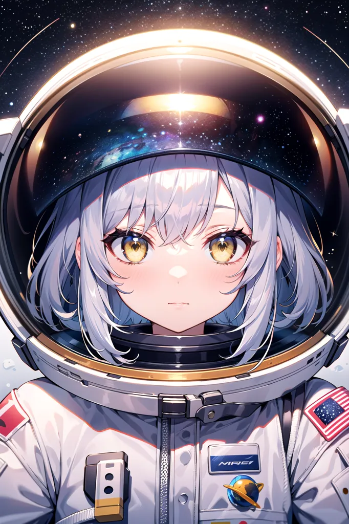 This is an image of an anime girl in a spacesuit with her helmet on. The spacesuit is white with red and blue details. The helmet has a rainbow reflection. She has short white hair and yellow eyes. She is looking at the viewer with a slight smile on her face. There are stars and a bright light in the background.