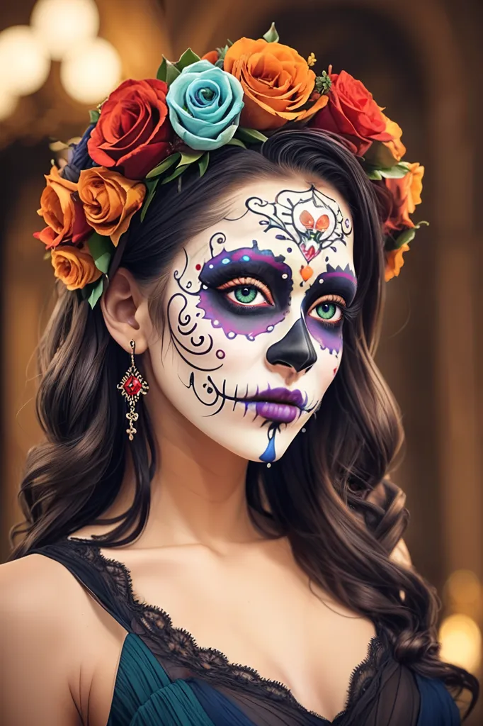 The image is a portrait of a young woman with long, dark hair and light green eyes. She is wearing a traditional Mexican sugar skull face paint with white, black, purple, and blue colors. She has a flower crown on her head and is wearing a black lace dress. The background is blurred, and there are two small lights in the background that are out of focus.