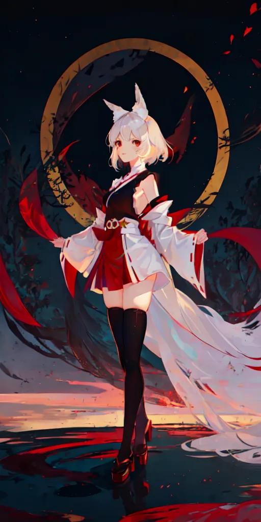 The image is of a young woman with white hair and fox ears. She is wearing a red and white kimono with a white haori. She is also wearing black stockings and red shoes. She is standing in a dark forest, with a full moon in the background. There are also some red leaves falling from the trees. The woman has a sad expression on her face.