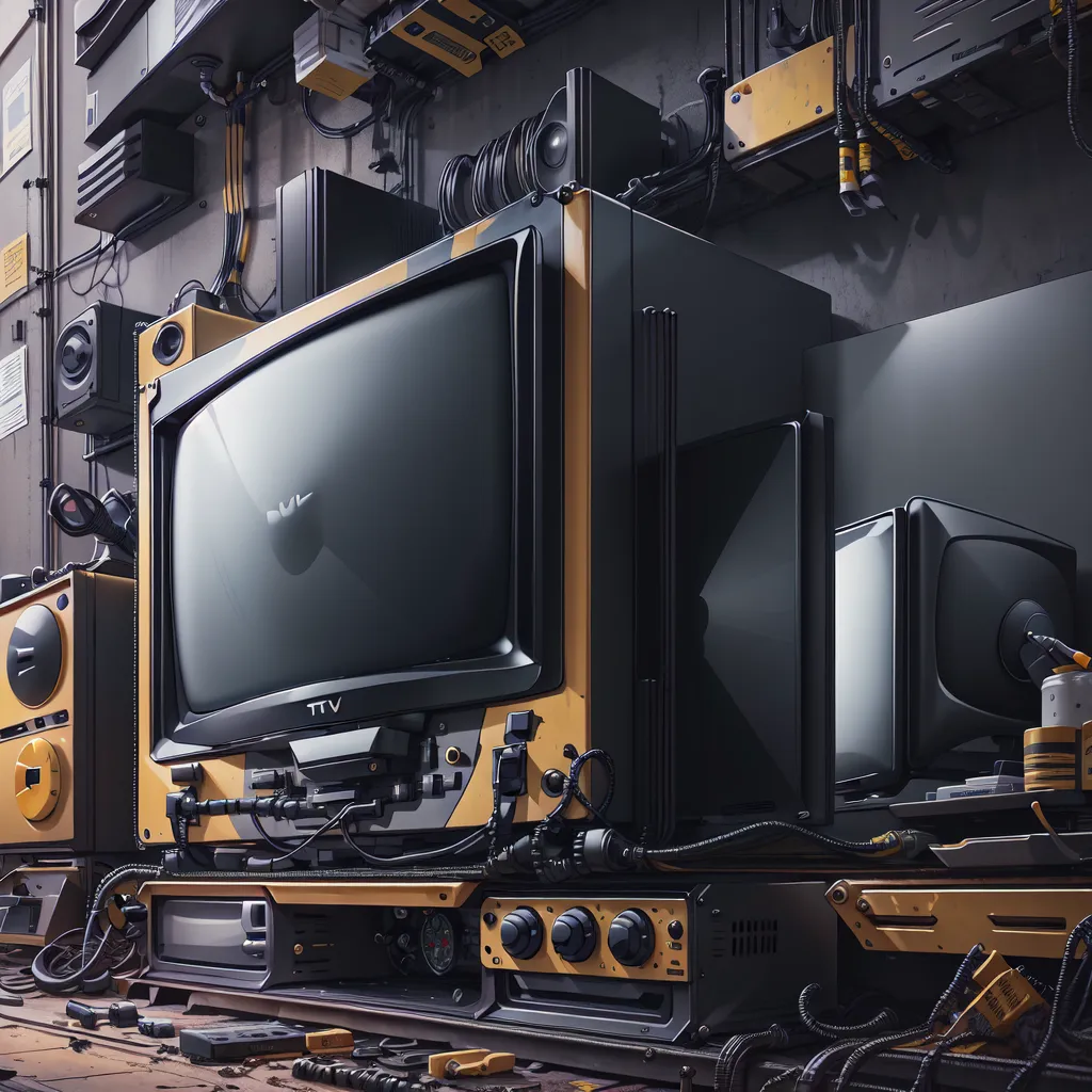 The image shows a retrofuturistic control room. There are several large electronic devices. The largest is a television set with a yellow frame. It is labeled "TTV". There are several smaller devices, including a radio, a cassette player, and an amplifier. The devices are all connected by a tangle of wires. The room is dark and dirty, and the air is thick with the smell of ozone.