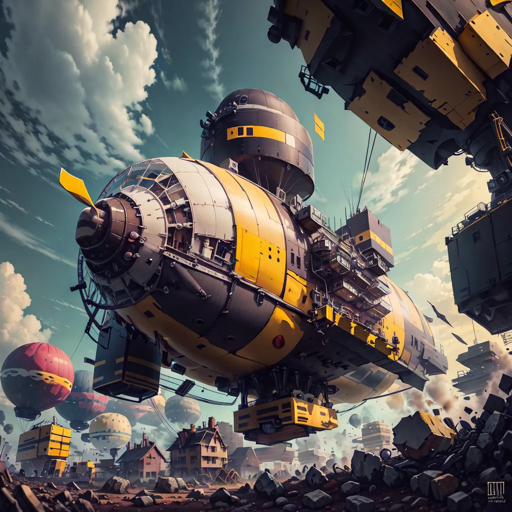 The image shows a large, yellow and gray steampunk airship. It has a long, cylindrical body with a large propeller at the back. There are several smaller propellers on the sides of the airship. The airship is also equipped with a number of guns and other weapons.

The airship is flying over a city. The city is in ruins, and there are several large craters in the ground. The airship is surrounded by a number of hot air balloons.

The image is post-apocalyptic and steampunk. It is a world where technology has advanced, but it has also led to the destruction of the environment. The airship is a symbol of this destruction, as it is a powerful machine that is also capable of great destruction.