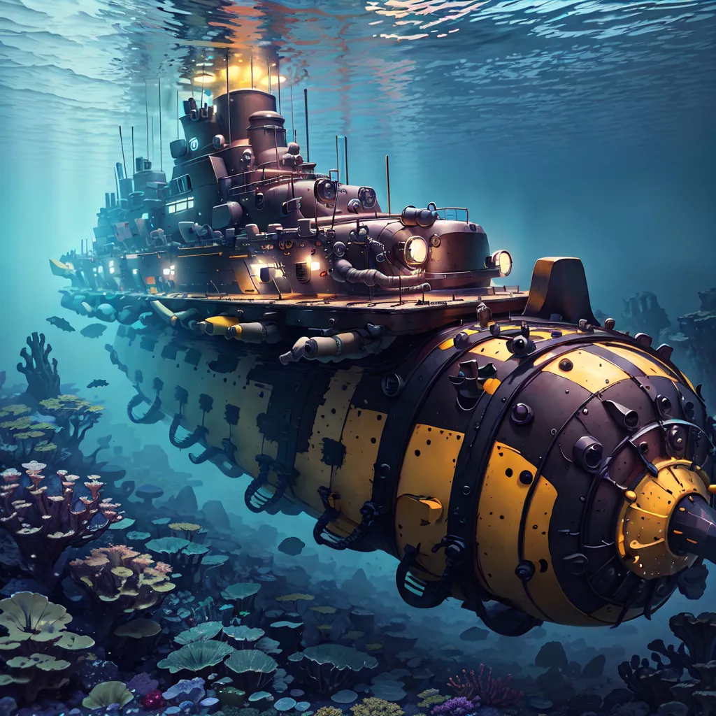 The image shows a steampunk submarine. It is a large, dark-colored vessel with a long, cylindrical body and a large, bulbous nose. The submarine is covered in rivets and other details, and it has a large number of portholes. It is also equipped with a variety of weapons, including a large cannon on the front and a number of smaller cannons on the sides. The submarine is moving through a coral reef, and there are a variety of fish and other sea creatures swimming around it.