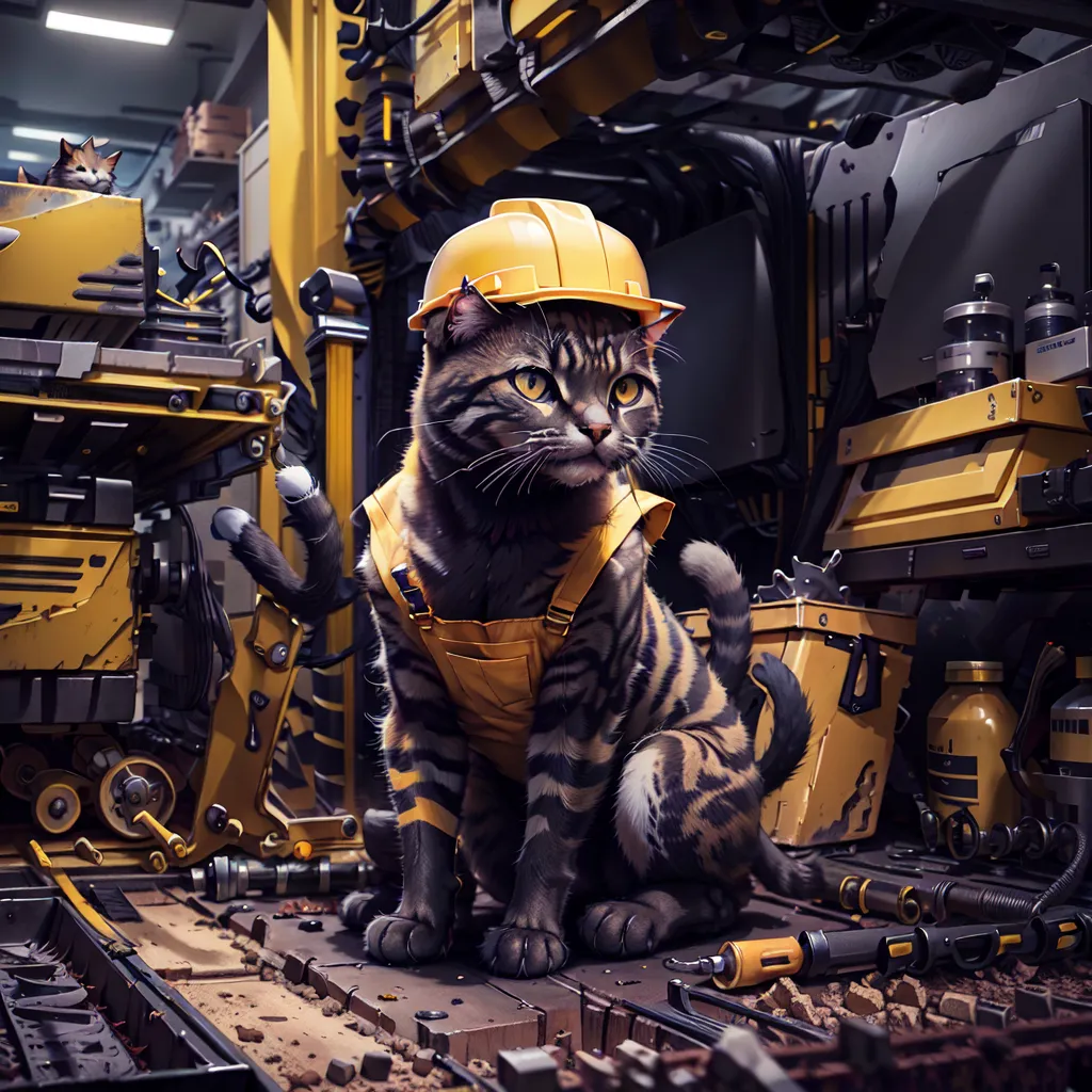 The image shows a cat wearing a yellow hard hat and a yellow jumpsuit. The cat is sitting in front of a large machine. There are tools and other objects scattered around the cat. The cat has a serious expression on its face. It looks like the cat is ready to work.