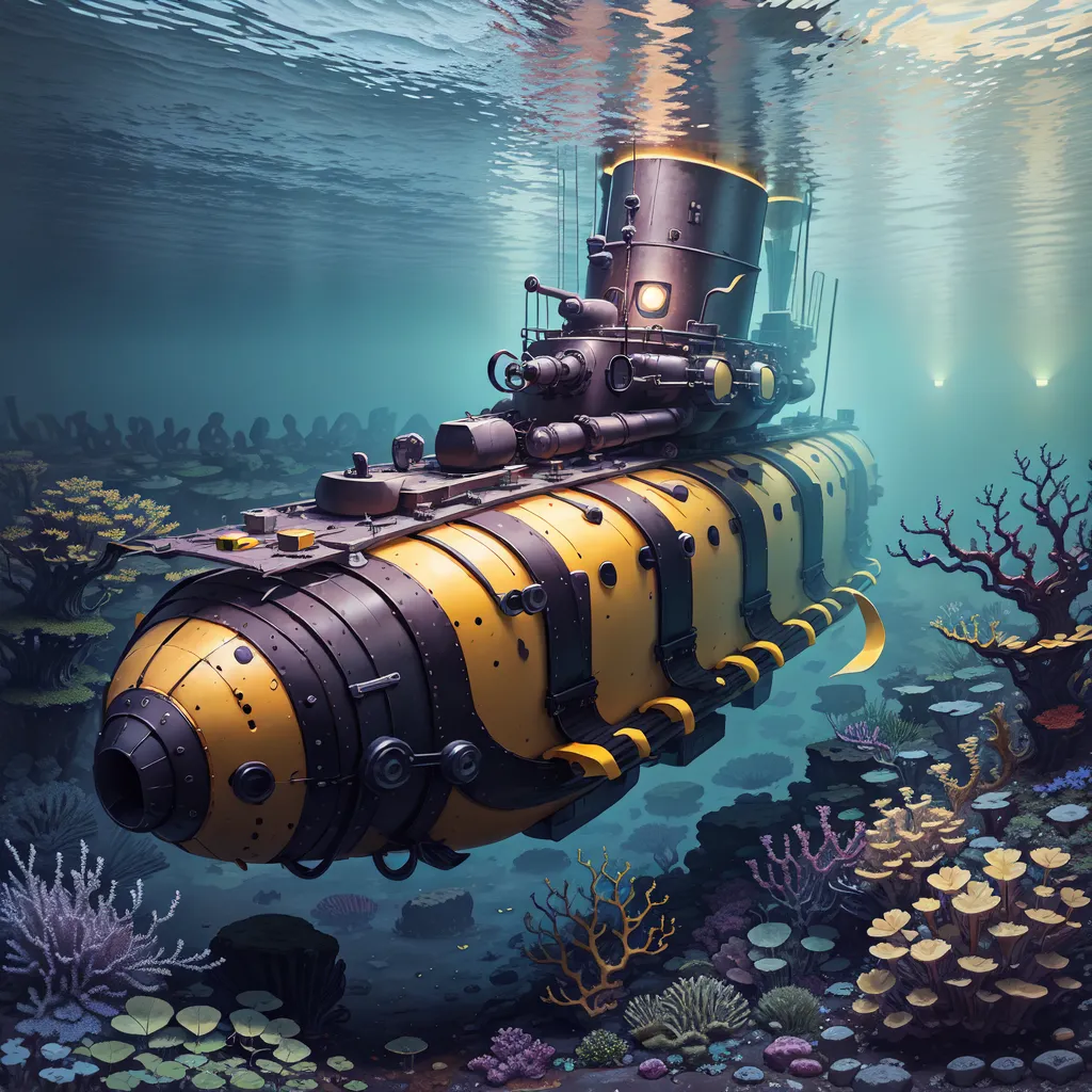 The image shows a steampunk submarine exploring an underwater coral reef. The submarine is yellow and black with a large porthole on the front. It is surrounded by colorful coral and fish. The water is murky.