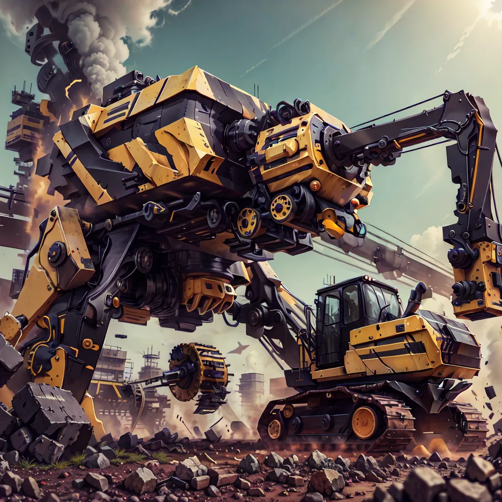 The image shows a large, yellow and black mech-like vehicle with a claw-like arm. It is standing in a rocky field, surrounded by large rocks and debris. There are also several buildings and structures in the background. The sky is cloudy and there are some clouds in the distance. The mech-like vehicle appears to be in the middle of a construction or demolition project.