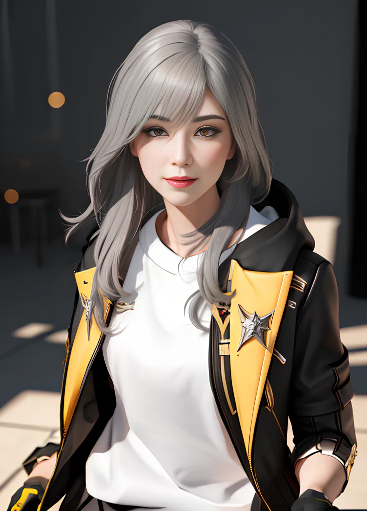 This is an image of a young woman with long silver hair. She is wearing a white shirt and a black jacket with yellow trim. The jacket has a star on the chest. She is looking at the viewer with a slight smile on her face. She is standing in a dark room with a spotlight shining down on her.