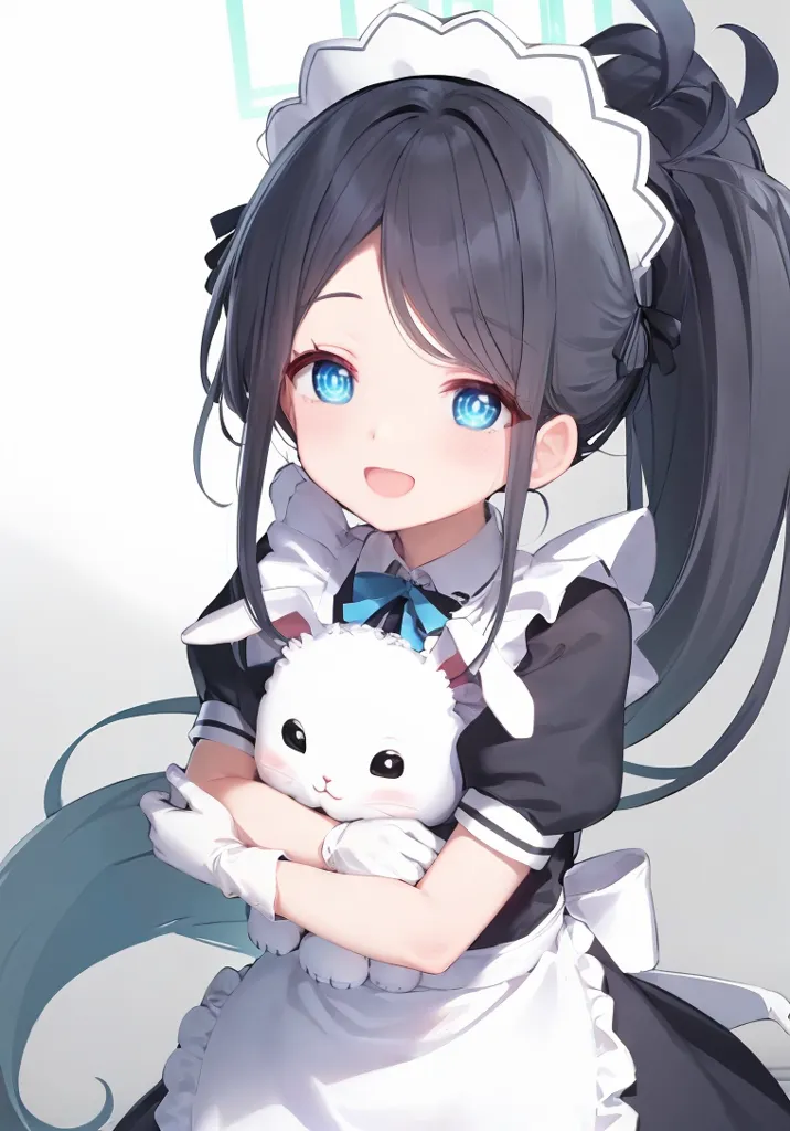 La imagen es una pintura digital de una niña joven con cabello negro largo y ojos azules. Ella está usando un uniforme de sirvienta francesa con un delantal blanco y un vestido negro. La niña está sonriendo y tiene una expresión suave en su rostro. Está sosteniendo un peluche de conejo blanco en sus brazos. El fondo es de un color azul claro y suave.