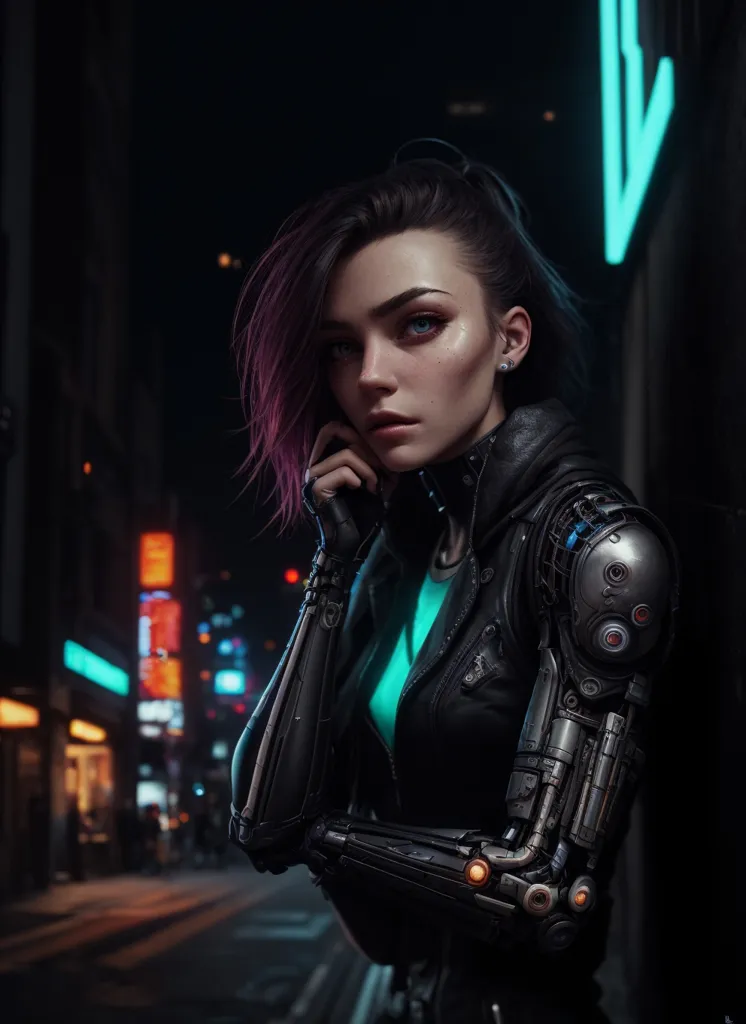 This is an image of a young woman standing in a dark street. She is wearing a black leather jacket and a green shirt. She has purple hair and blue eyes. Her right arm is cybernetic. The background is a blurred city street with neon lights.