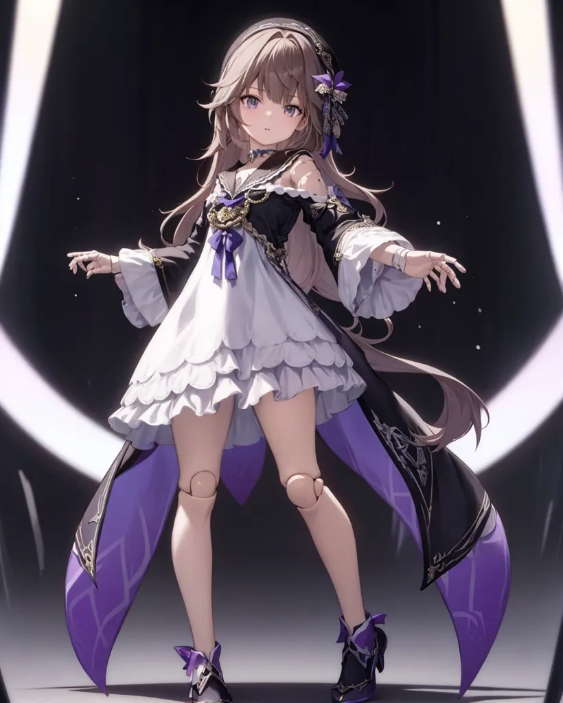 This is an illustration of a young girl with long brown hair and purple eyes. She is wearing a white and purple dress with a long purple cape. She is also wearing a necklace and a hair accessory. She is standing in a dark place with a spotlight shining on her.