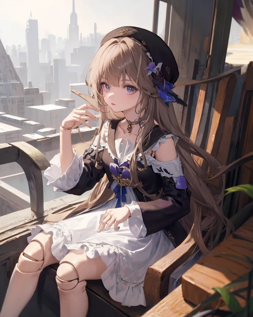 The image is an anime-style drawing of a girl with long brown hair and purple eyes. She is wearing a black hat with a purple flower pin, a white and purple dress, and black boots. She is sitting on a chair in a room with a large window. The window is open, and there is a cityscape in the background. The girl is looking at the view with a pensive expression on her face.