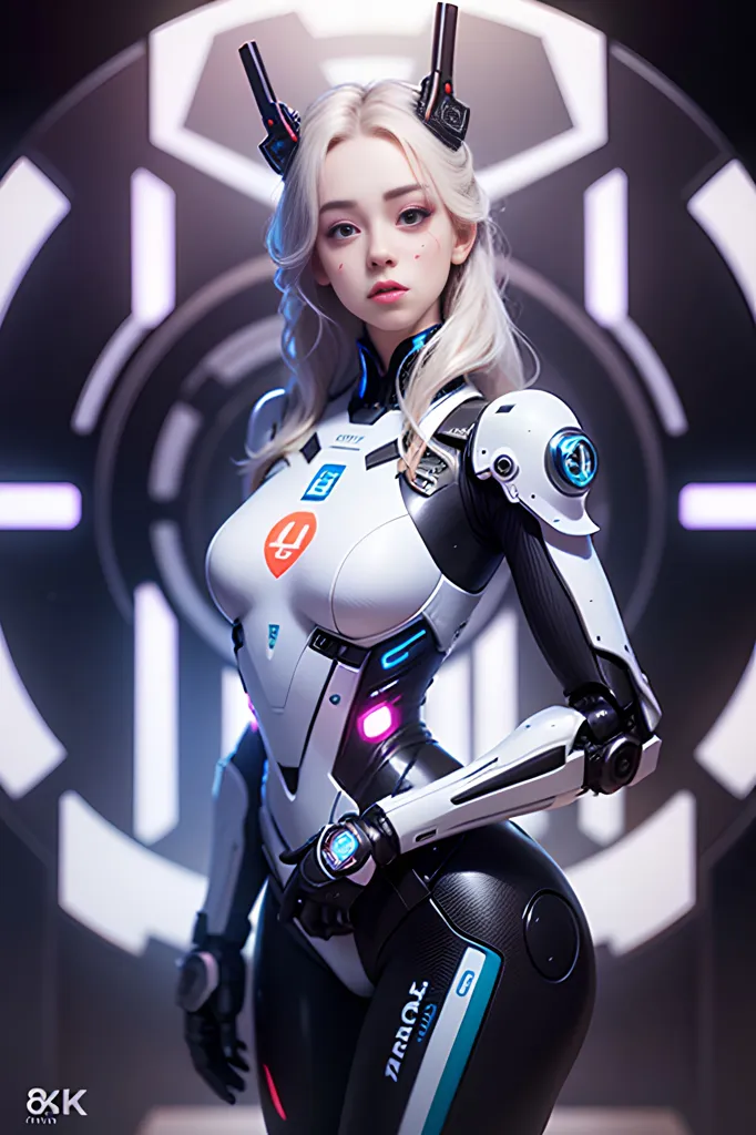 The image is a digital painting of a young woman with long white hair. She is wearing a white and black bodysuit with a heart-shaped cutout on her chest. The bodysuit has blue and pink highlights. She is also wearing a pair of black boots. The woman is standing in front of a dark background with a glowing blue circle in the center.