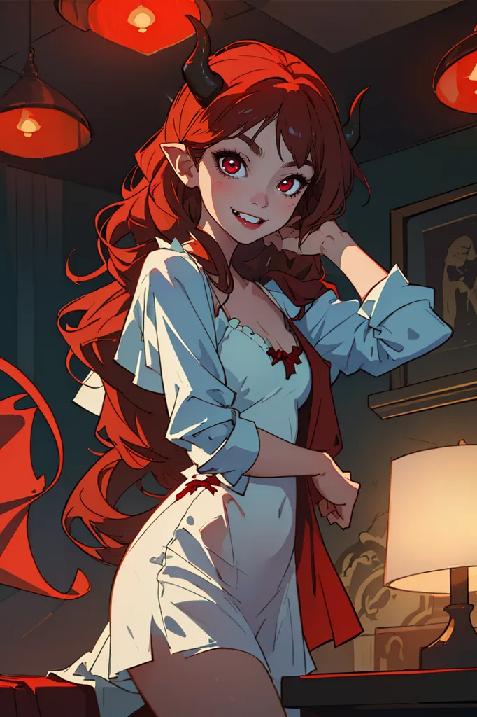 The image is of a young woman with red hair and horns. She is wearing a white shirt and a red corset. She has a sly expression on her face and is looking at the viewer. There are two lamps in the background and a picture frame.