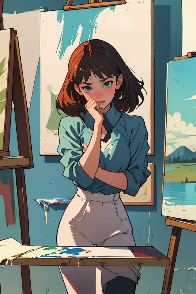 The image shows a young woman standing in front of an easel. She is wearing a blue shirt and white pants. She has brown hair and blue eyes. She is looking at a painting on the easel. The painting is of a landscape with mountains and a lake. The woman is holding a paintbrush in her right hand. There are several paintings on the wall behind her.