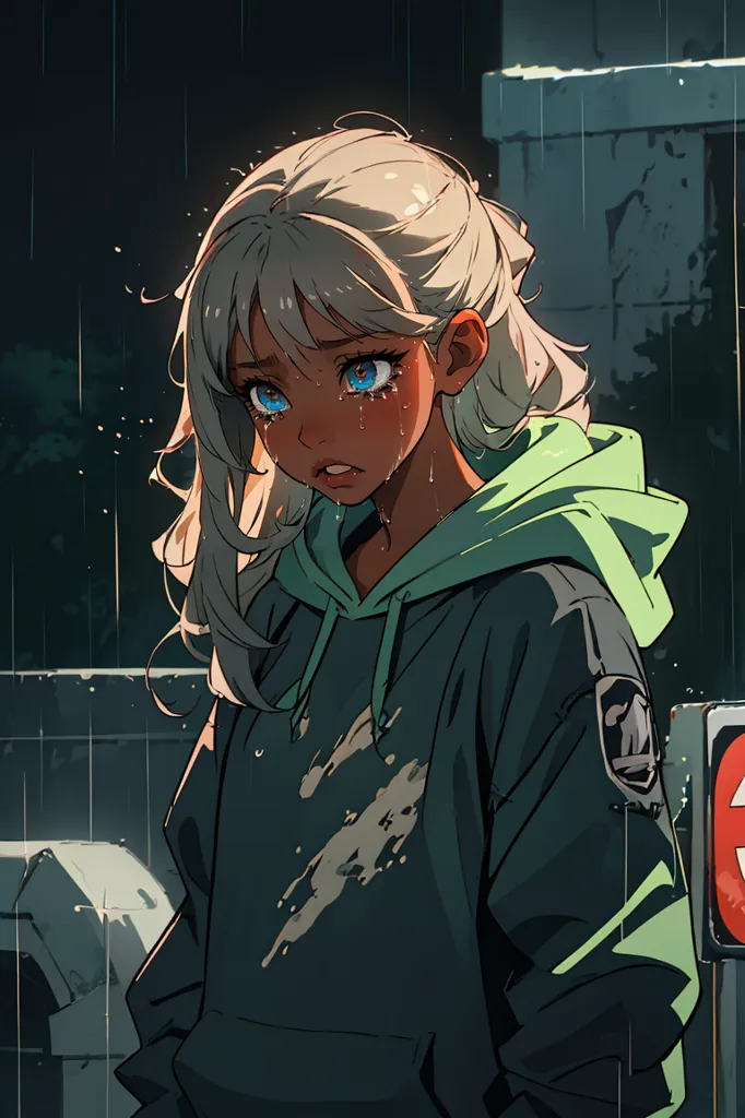 The image is of a young woman with long white hair and dark skin. She is wearing a green hoodie with a white t-shirt underneath. She is standing in the rain, and her eyes are closed. She has a sad expression on her face, and tears are streaming down her cheeks.