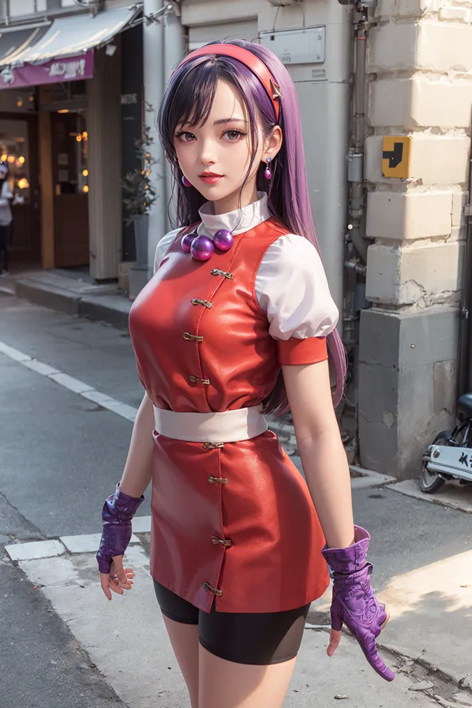 This is an image of a young woman, with mid-thigh dark purple hair, wearing a red and white dress with white gloves and a white headband. She is standing on a city street with a blurred background.