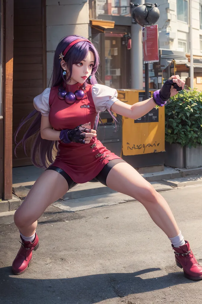 La imagen muestra a una mujer joven con un vestido de estilo cheongsam rojo y blanco, cabello morado y botas rojas. Está en posición de combate.