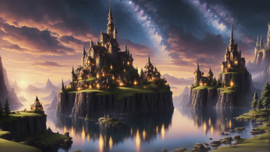 The image is a fantasy landscape. There is a castle on a cliff by the sea. The castle is made of gray stone and has many towers and turrets. The windows are glowing, which suggests that there are people inside. There is a small village below the castle, and there are a few trees on the cliffs. The sky is dark, and there are stars and clouds in the sky. The water is calm, and there are a few rocks in the foreground.