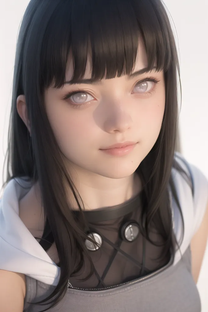 The image shows a young woman with long black hair and pale skin. Her eyes are a pale lavender color, and she has a small smile on her face. She is wearing a black and white outfit, and there is a white headphone-like device on her chest. The background is a blurred white color.