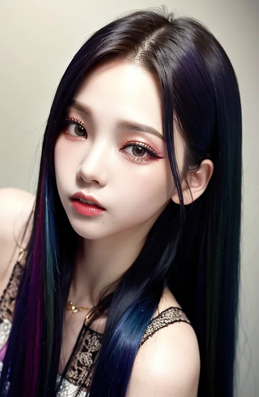 The image shows a young woman with long, black hair with blue and purple streaks. She has brown eyes and is wearing light makeup. She is wearing a black lace dress with a white camisole underneath. She is looking at the camera with a serious expression.