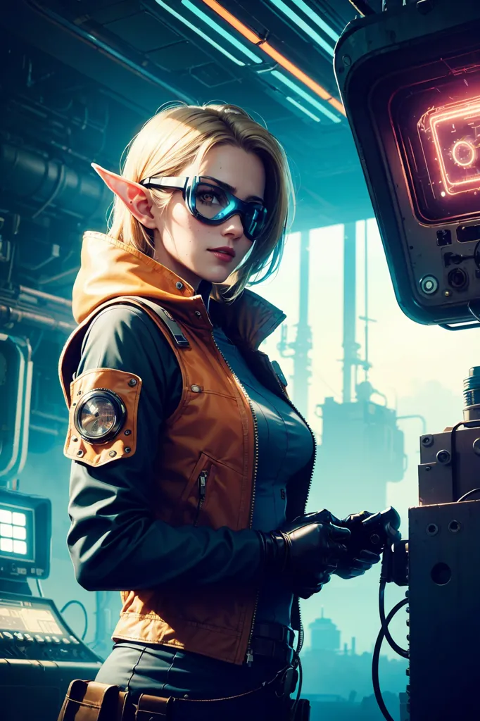 A blonde woman who appears to be an elf is wearing a brown leather jacket and goggles. She is standing in front of a control panel with a serious expression on her face. She is holding a device with both hands and appears to be working on it. She is wearing a utility belt and there are various machines and computer equipment in the background.