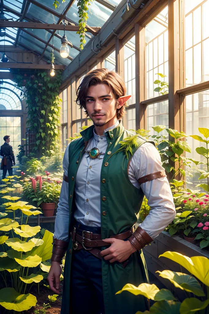 This image shows a young man standing in a greenhouse. He has long brown hair, green eyes, and pointed ears. He is wearing a white shirt, a green vest, and brown pants. He is also wearing a necklace with a green gem in the center. The greenhouse is full of plants and flowers. There is a large plant with green leaves in the foreground, and there are several other plants in the background. The greenhouse is made of glass and has a wooden frame. The young man is standing in front of a window, and there is a door on the left side of the greenhouse.