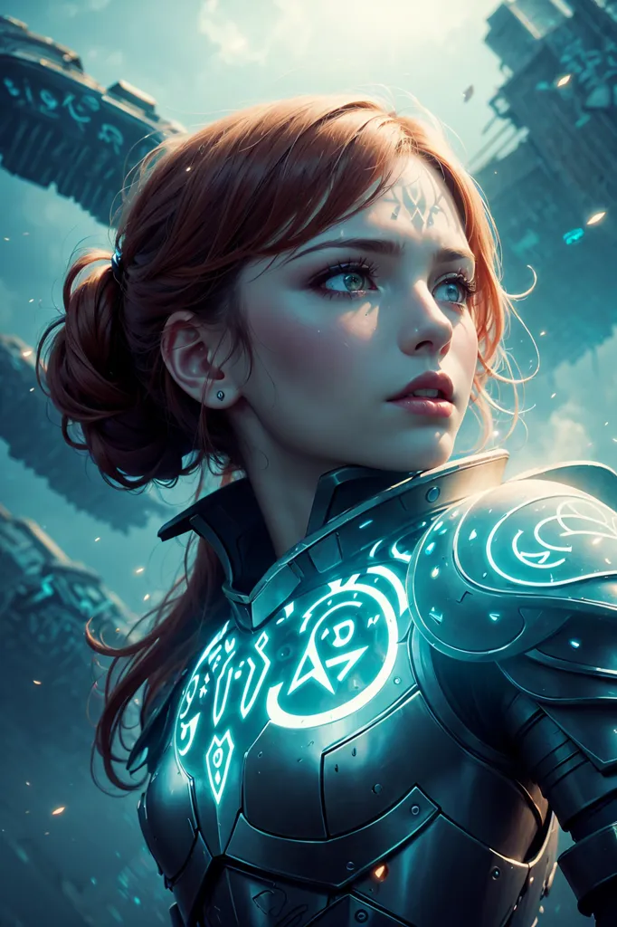 This is an image of a young woman with red hair and blue eyes. She is wearing a futuristic suit of armor with a glowing blue symbol on her chest. She is looking to the right of the frame, with a determined expression on her face. The background is a blue-grey color.