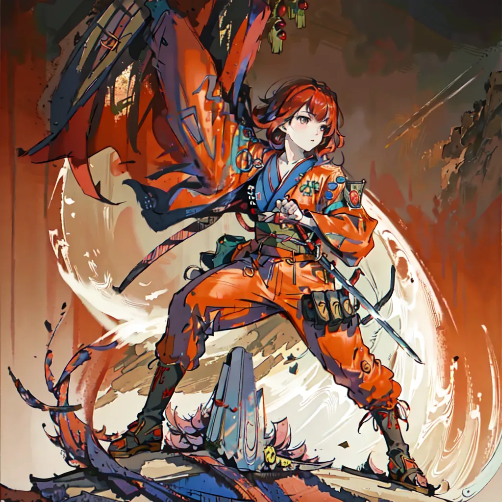 This is an image of a female samurai. She is wearing a red and orange outfit and has a red scarf. She is also wearing a samurai hat and has a sword in her hand. She is standing on a rock in front of a large wave. The background is a red and orange sky. The image is in a Japanese anime style.