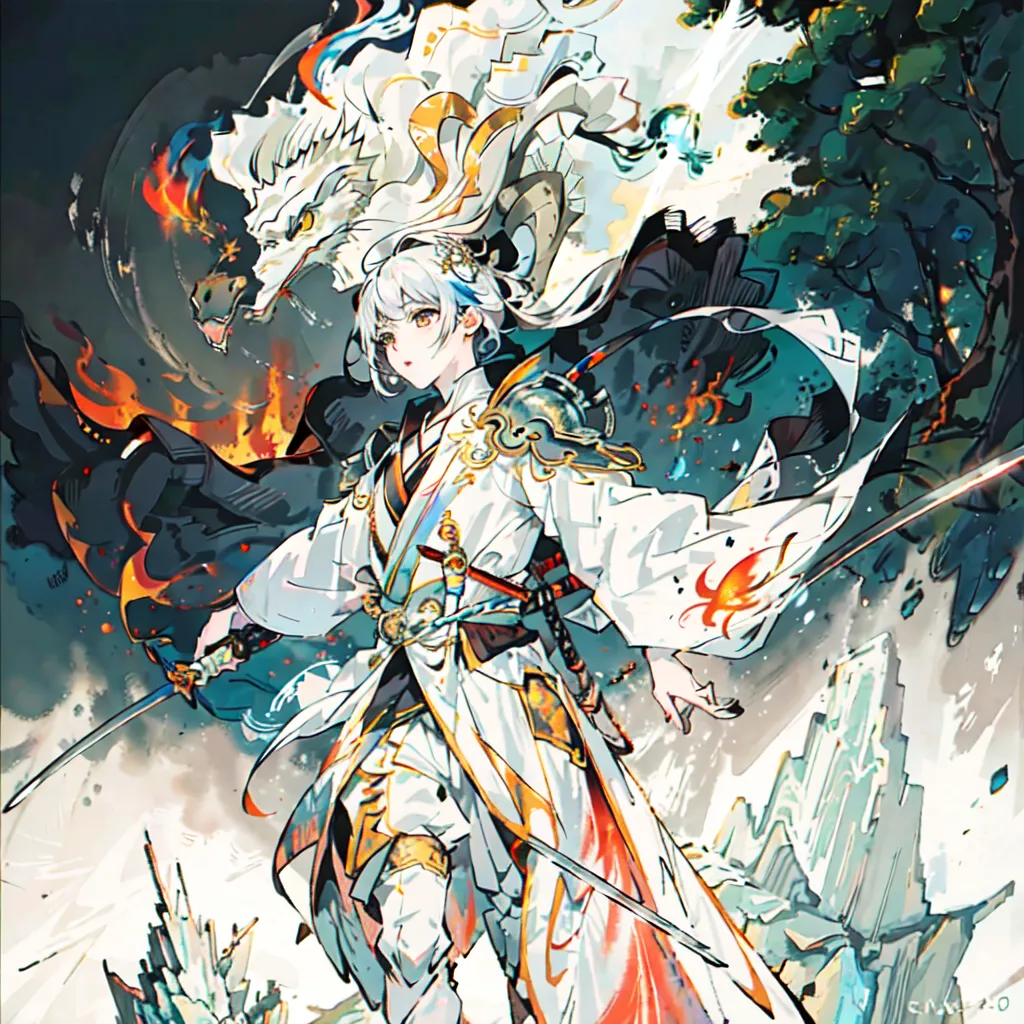 The image is of an anime-style girl with white hair and red eyes. She is wearing a white kimono with a red sash and is holding two swords. She is standing in a snowy forest with a large white wolf behind her. The wolf has a red mane and is baring its teeth. The girl is looking at the viewer with a determined expression.