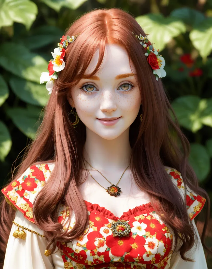 The image shows a young woman with long, wavy red hair. She has light skin and freckles on her face. Her eyes are a light golden brown color, and she has long, dark eyelashes. Her lips are a soft pink color, and she has a small, beauty mark on her right cheek. She is wearing a red and white floral dress with a white camisole underneath. The dress has a sweetheart neckline and is trimmed with gold ribbon. She is also wearing a necklace with a red jewel in the center. Her hair is pulled back and styled with a half-up, half-down hairstyle. She has a few small flowers woven into her hair on both sides. She is standing in front of a blurry background of green leaves.