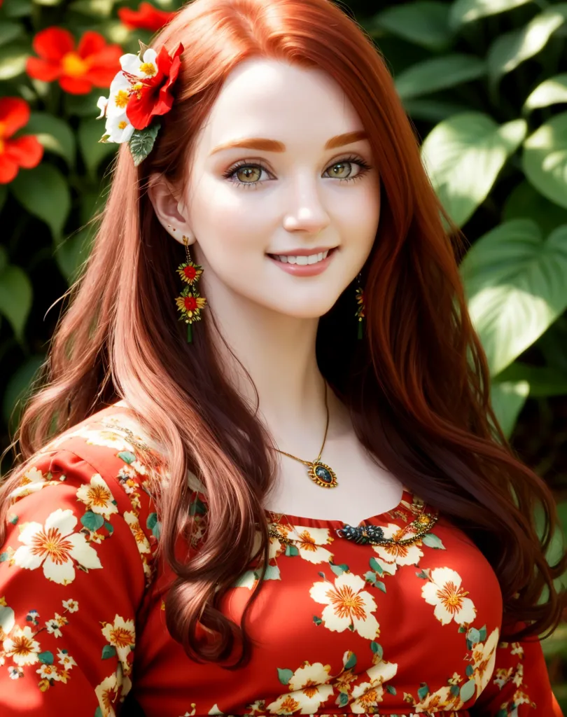 A imagem mostra uma bela mulher jovem com cabelos longos e ondulados de cor vermelha. Ela tem olhos verde-claros e uma tez clara. Ela está usando um vestido vermelho com um padrão floral e uma flor branca no cabelo. Ela também está usando um colar e brincos. O fundo está desfocado e parece uma floresta. A mulher está sorrindo e parece feliz.