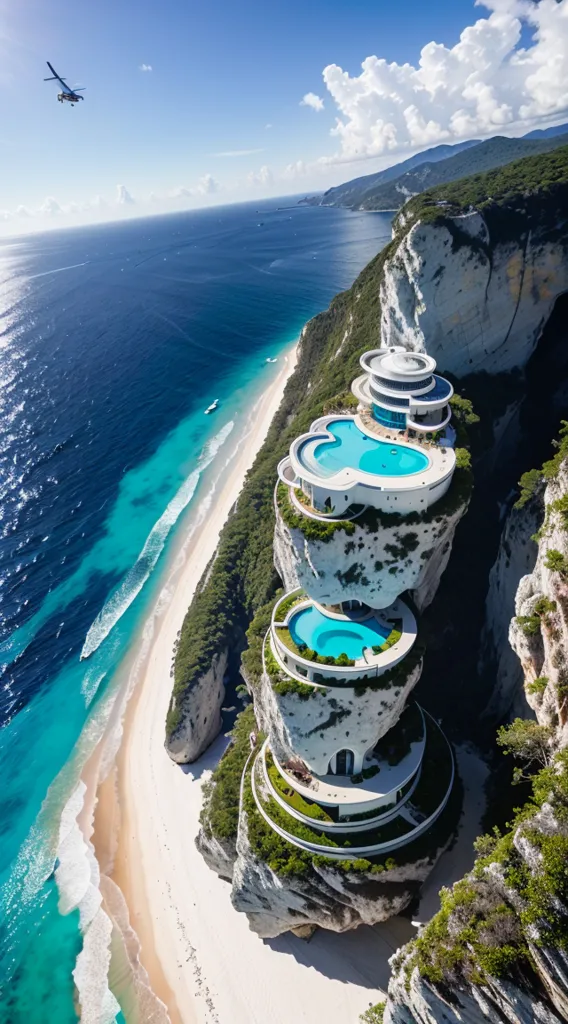 A imagem mostra um penhasco rochoso e alto emergindo do oceano. O penhasco é cercado por uma praia de areia e a água tem uma cor azul profunda. No topo do penhasco há uma grande casa branca com uma piscina. A casa tem um design moderno e é cercada por vegetação exuberante. Há um helicóptero voando no céu acima da casa.