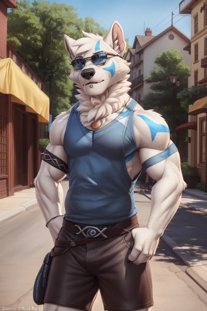 The image is of a muscular white wolf furry with blue markings on his face and arms. He is wearing a blue tank top, brown shorts, and sunglasses. He is standing in a street with a building in the background. The wolf has a confident expression on his face and is looking at the viewer.