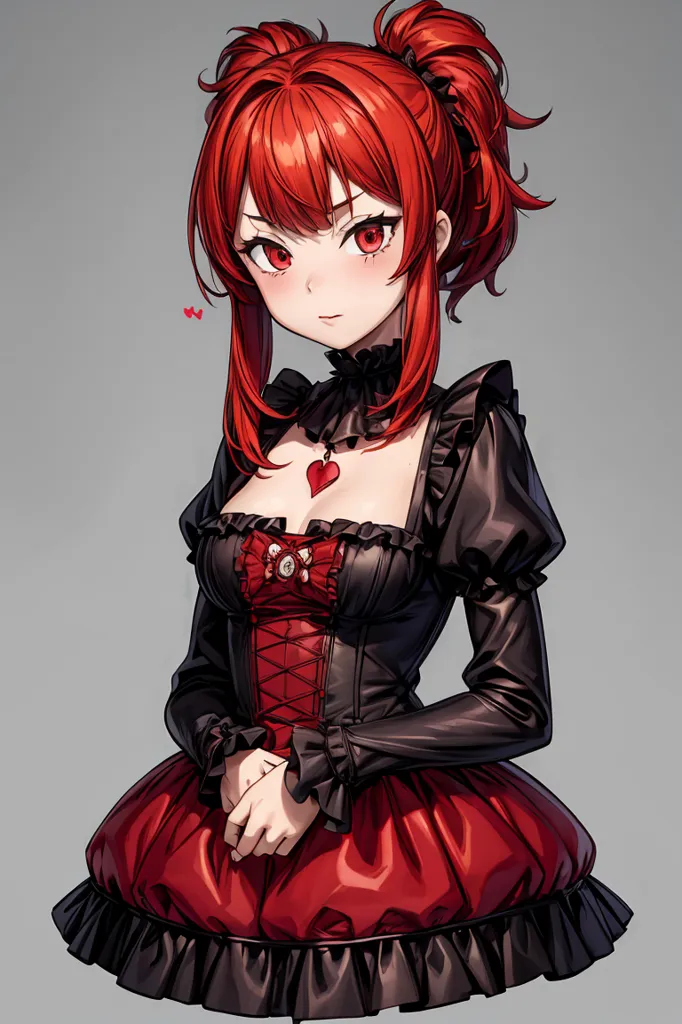 This is an image of a young woman with long red hair and red eyes. She is wearing a black and red dress with a white collar. The dress has a corset-like bodice with a sweetheart neckline. The skirt is full and gathered at the waist. She is wearing a necklace with a heart-shaped pendant and a black choker. Her hair is pulled back into two high pigtails. She has a small, red heart floating next to her head.