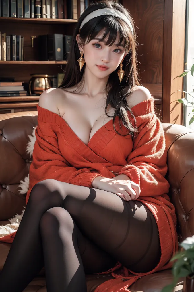 The image shows a beautiful young woman with long black hair and blue eyes. She is wearing a revealing red sweater and black stockings. She is sitting on a couch, with her legs crossed. She is looking at the camera with a seductive expression.