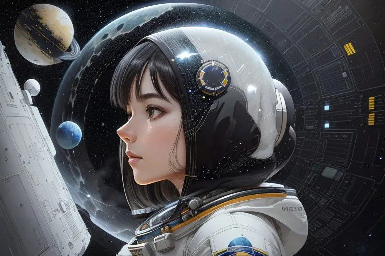 A young girl in a spacesuit is standing on a planet. She is looking at a spaceship. There are stars and planets in the background. The girl is wearing a white spacesuit with a black helmet. She has short black hair and brown eyes. The spaceship is white and has the words "United Space Alliance" on the side. The planet is red and has a thin atmosphere. There are stars and planets in the background.