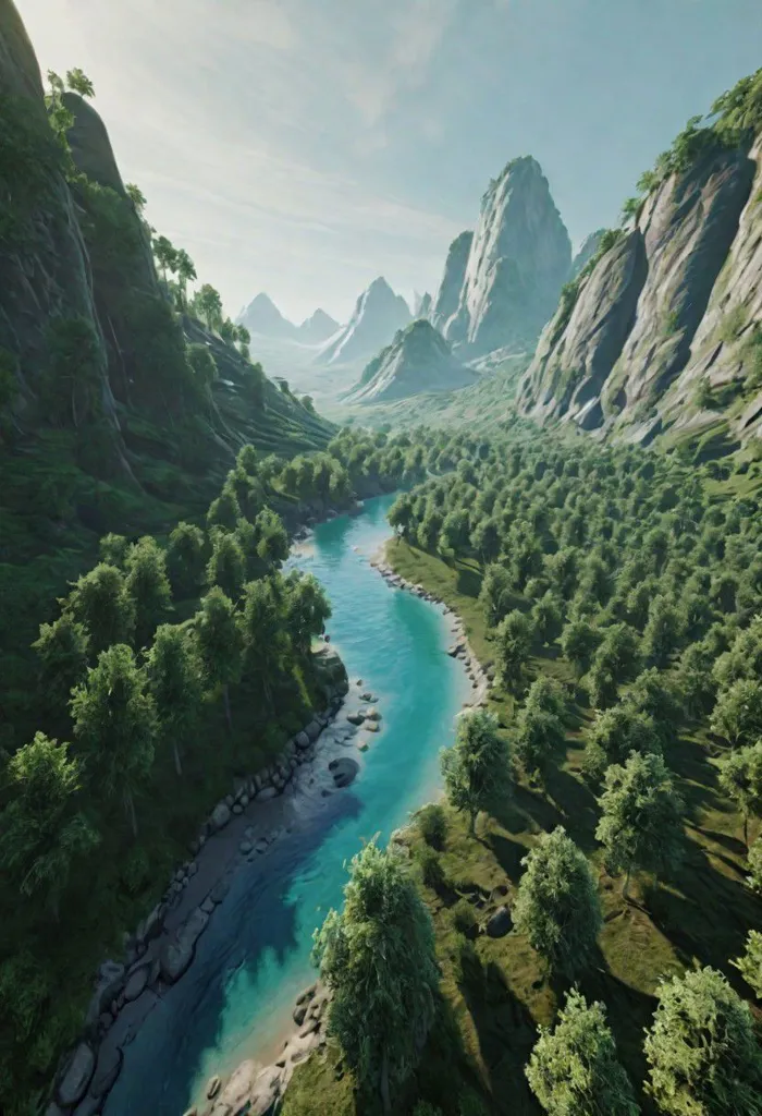 The image is of a river flowing through a valley. The river is blue and green, and the valley is green and brown. The valley is surrounded by mountains. The mountains are gray and white. The sky is blue and white. There are trees on the banks of the river. The trees are green.