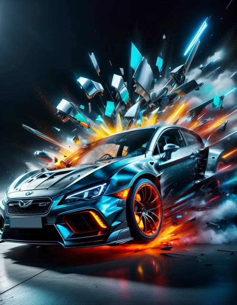 A blue and gray sports car speeds through a dark space. The car is surrounded by an explosion of orange and blue energy. The car is in the center of the image and is surrounded by a large amount of debris. The background is dark and there is a large amount of smoke and dust in the air. The car is moving very fast and is surrounded by a large amount of energy. The image is very dynamic and has a lot of visual impact.