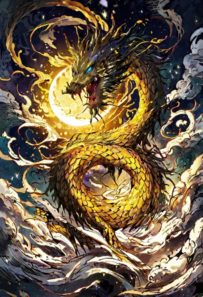 A golden dragon is flying in the night sky. The dragon has a long, serpentine body with a mane of flowing hair. Its scales are gleaming in the moonlight. The dragon's eyes are narrowed and its mouth is open, baring its sharp teeth. The dragon is surrounded by clouds and mist. In the background, there is a full moon.