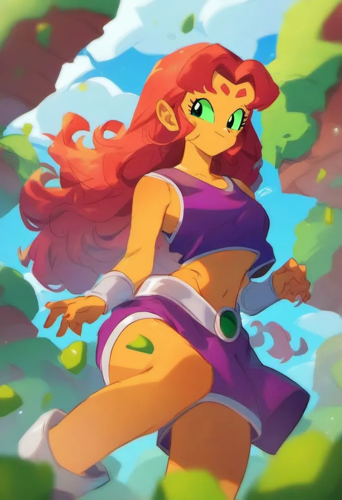 Starfire is a character from the Teen Titans series. She is an alien from the planet Tamaran. She has orange skin, green eyes, and long red hair. She is wearing a purple crop top and a green skirt. She is also wearing white boots and green wristbands. She has a confident smile on her face and looks ready for action. The background is a jungle with green trees and blue skies.