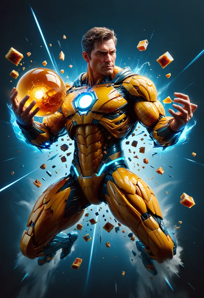 The image shows a superhero wearing a yellow and blue suit. He is surrounded by blue energy and yellow cubes. He has a serious expression on his face and is looking at the viewer. He is holding a yellow ball of energy in his hands. The background is dark blue.