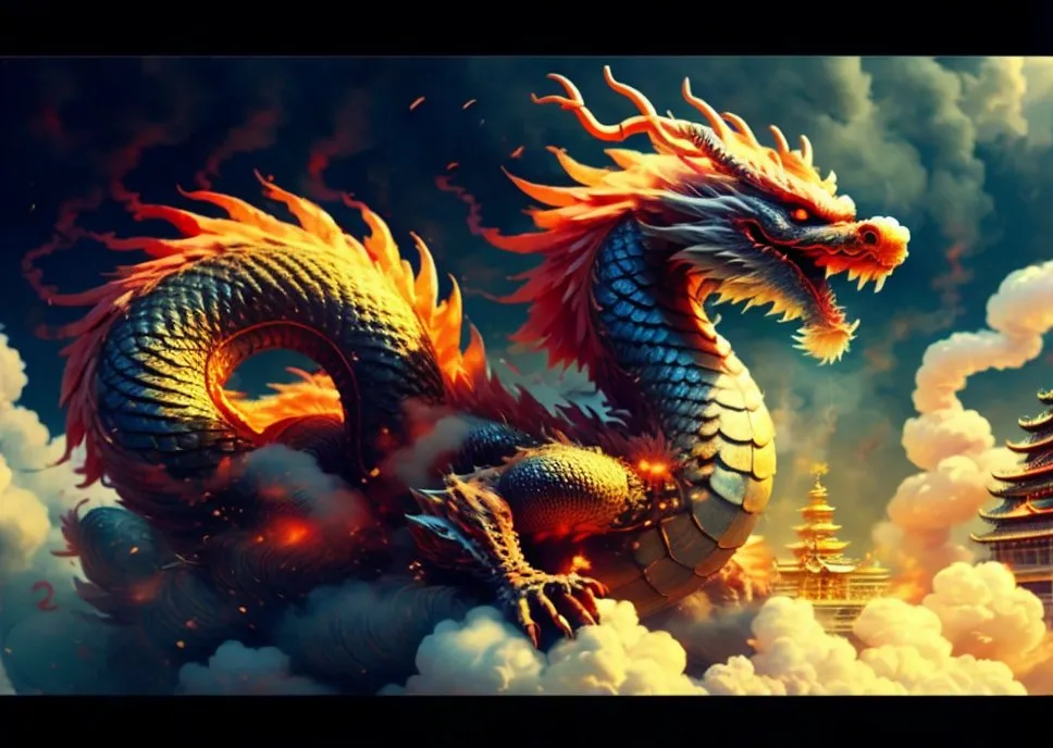 A majestic golden dragon is flying in the sky above a Chinese palace. The dragon's body is long and winding, and it has a large head with a beard and sharp teeth. Its scales are a brilliant gold color, and its eyes are a deep red. The dragon is surrounded by clouds, and it looks like it is about to land on the palace roof.