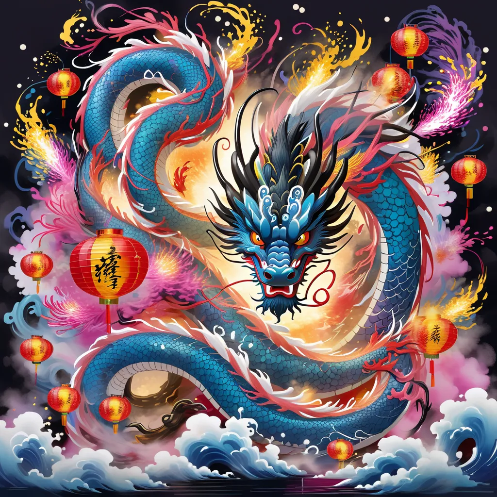 A majestic blue dragon is depicted in the image. It has a long, serpentine body with scales and a mane of flowing hair. The dragon is surrounded by祥云 (auspicious clouds) and firecrackers, and there are lanterns hanging from its body. The background is a dark blue color, and the dragon is illuminated by a bright light. The image is likely depicting the Chinese New Year, as dragons are often associated with good luck and prosperity in Chinese culture.