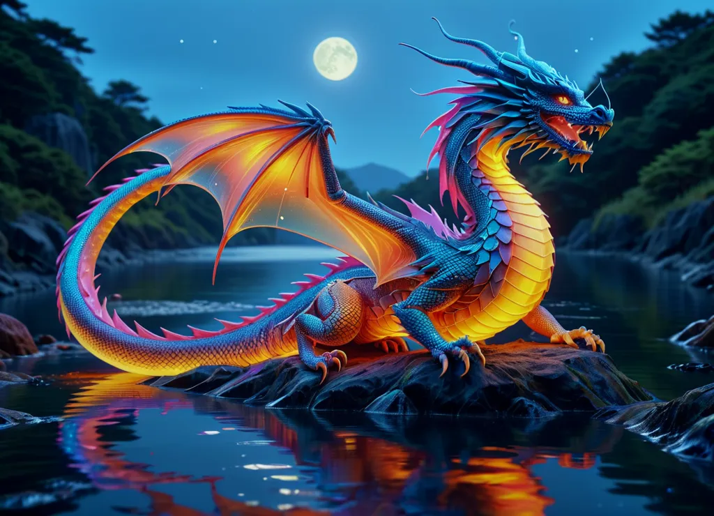 The dragon is a majestic creature with vibrant scales and a powerful presence. It is perched on a rock in the middle of a river, surrounded by a lush forest. The full moon shines brightly in the background, casting a silvery glow over the scene. The dragon's eyes are closed in meditation, and its wings are folded gracefully at its sides. A sense of peace and tranquility radiates from the dragon, and it is clear that it is at one with nature.