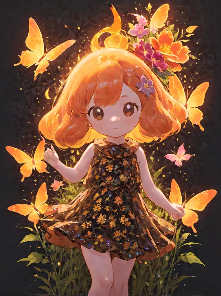 The little girl is wearing a brown dress with yellow flower patterns. Her hair is orange and short. She has a flower hairpin on her head. She is standing in a field of flowers. There are butterflies flying around her. The background is dark. The overall color調性 is warm. The little girl looks happy.