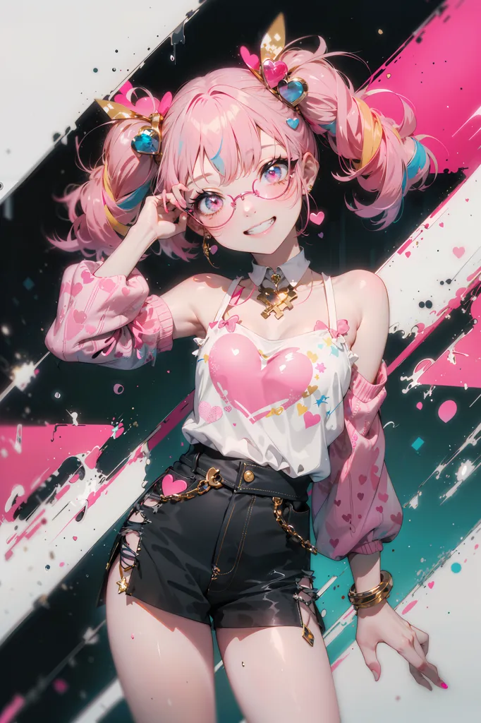 The image contains an anime girl with pink hair and blue eyes. She is wearing a white shirt with a pink heart on it, black shorts, and a pink jacket. She is also wearing glasses and has a chain around her neck. She is standing in front of a white background with pink and blue stripes.