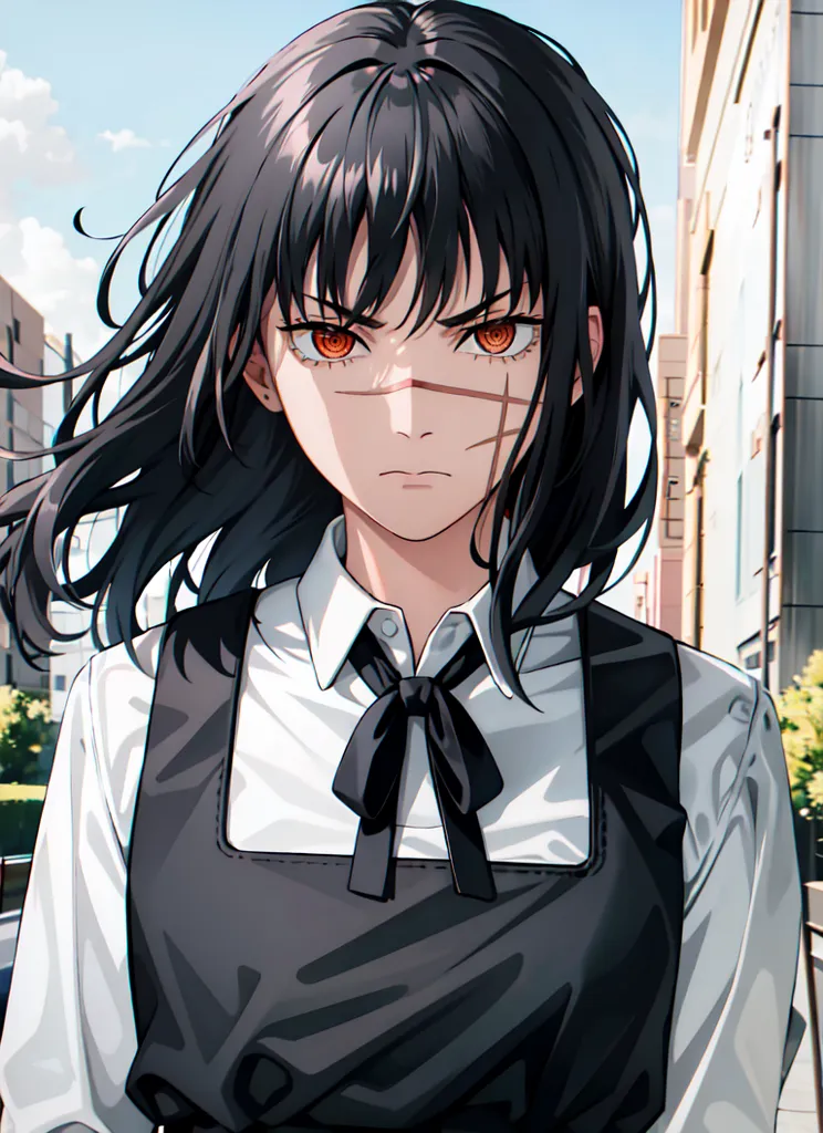 The image shows a young woman with long black hair, red eyes, and a scar on her left cheek. She is wearing a white shirt, a black vest, and a red bow tie. She is standing in an urban setting, with buildings and trees in the background. The image is drawn in a realistic style, and the woman's expression is one of determination and defiance.