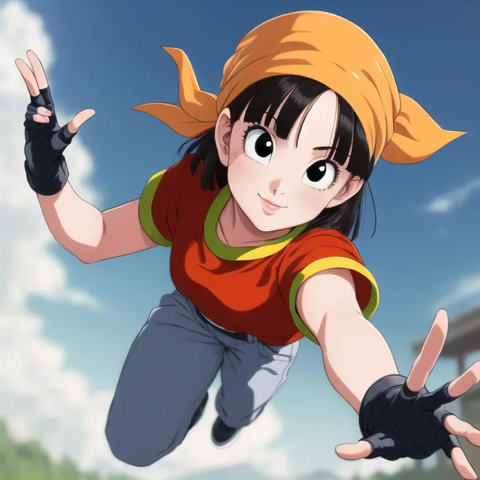 The image is of a young girl with short black hair and brown eyes. She is wearing a red and yellow outfit and a yellow bandana. She is flying through the air with her arms outstretched. The background is a blue sky with white clouds. The girl is smiling and looks excited. She is wearing black gloves.