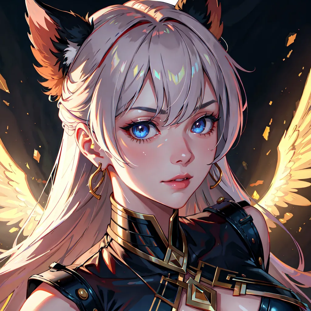 The image is a portrait of a beautiful young woman with long, flowing white hair, blue eyes, and cat ears. She is wearing a black and gold-colored outfit and has a pair of golden wings. The background is a dark color with a glowing yellow light surrounding her.